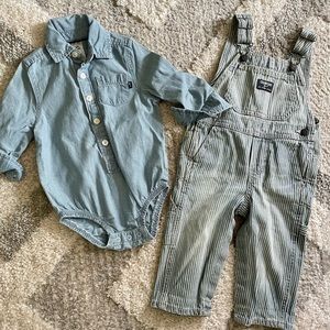Oshkosh chambray onesie and overalls 12m